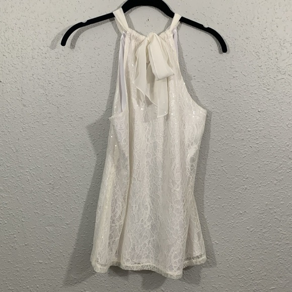 Tahari Black Lace Sparkle Tie White Bow Halter Style Evening Cocktail Blouse - Picture 2 of 10